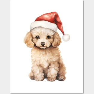 Poodle Dog in Santa Hat Posters and Art